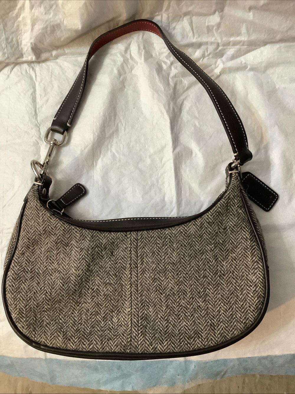 Coach 9398 Vintage Y2K Soho Baguette Herringbone Wool Leather Bag Gray/Black - Picture 2 of 16